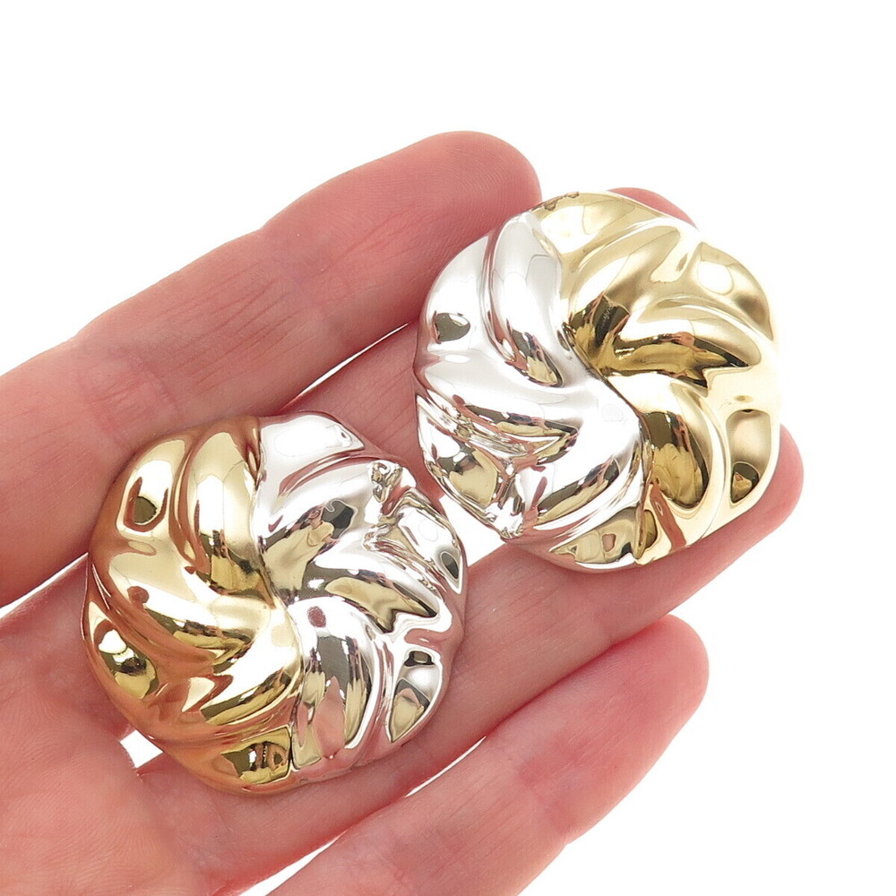 925 Sterling Silver 2-Tone Vintage Mexico Modernist Floral Clip On Earrings
